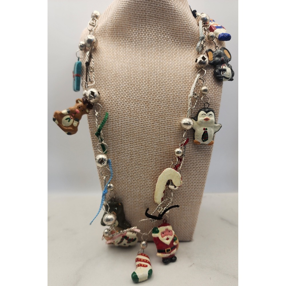 Vintage Mexican Folk Christmas Charm Necklace Silver Tone 26"